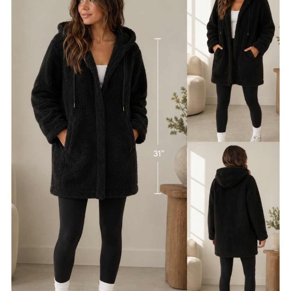 Varley Black Sherpa Fleece Hooded Jacket Womens Medium Oversized Open Teddy